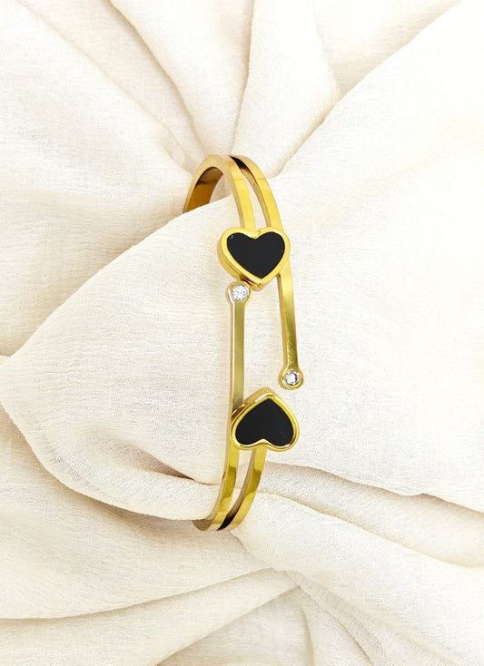 Black Enamel Heart Dual Band Gold Bangle