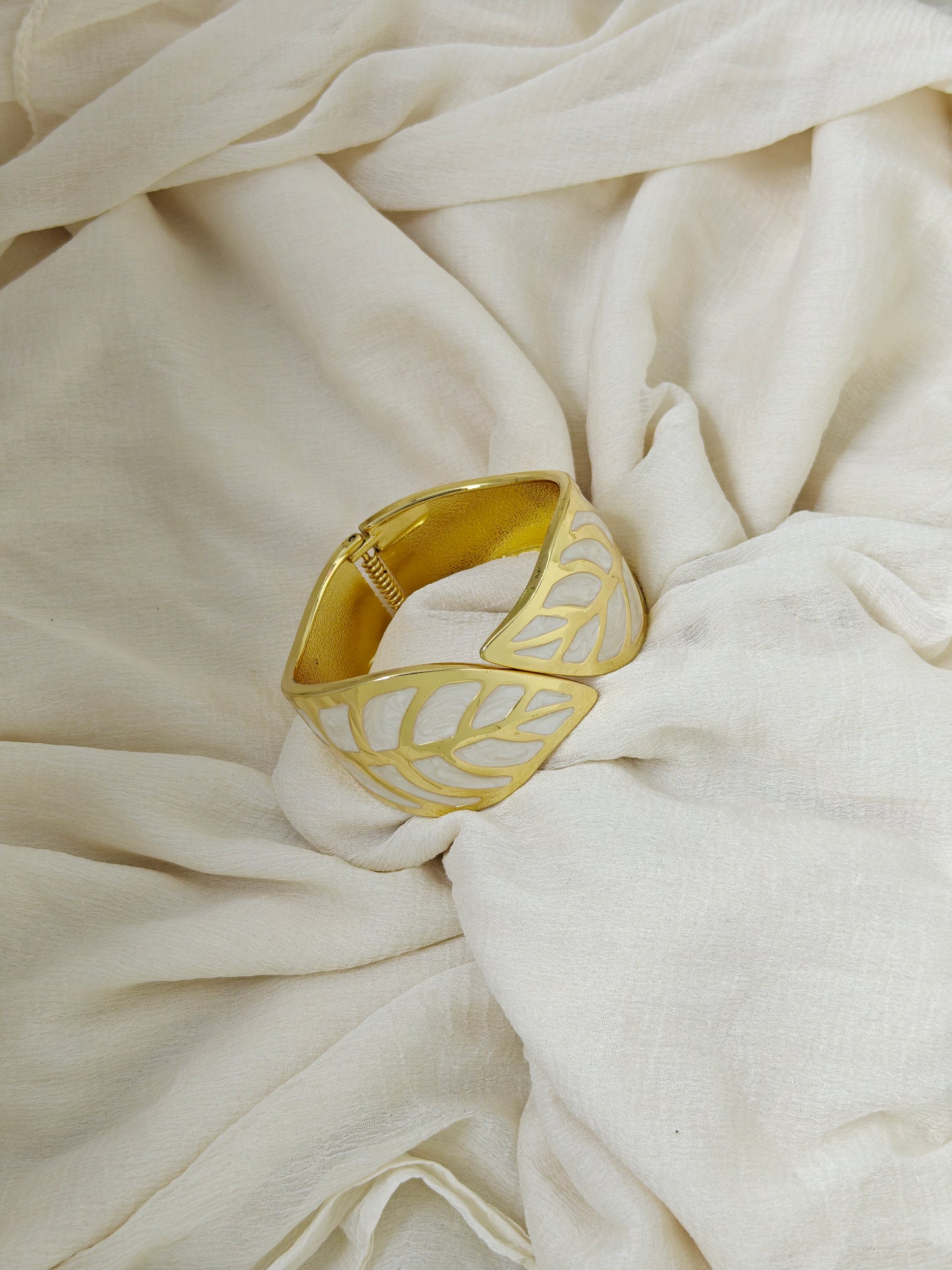 White Enamel Leaf Cutout Gold Bangle
