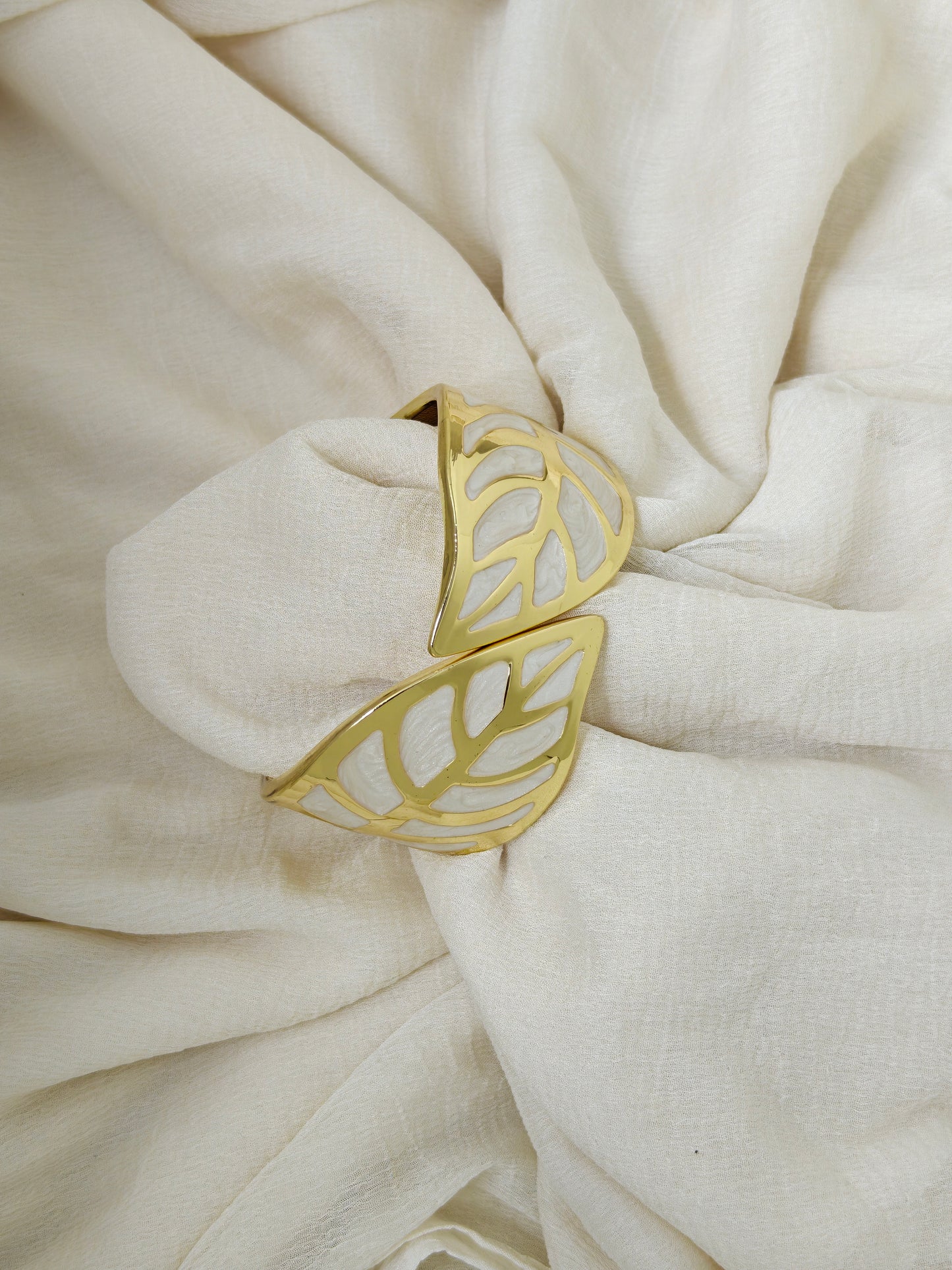 White Enamel Leaf Cutout Gold Bangle