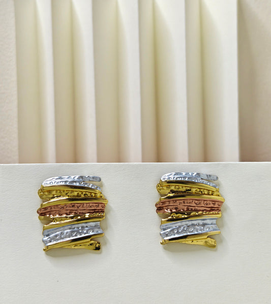 Tri-Tone Textured Rectangle Stud Earrings