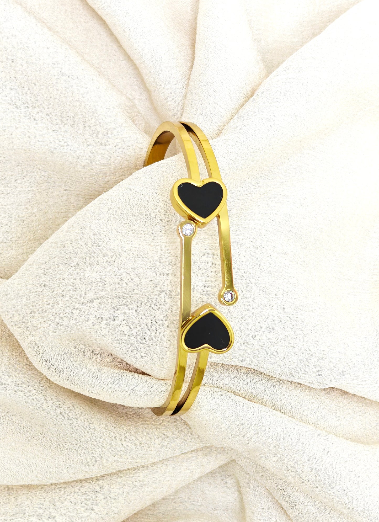 Black Enamel Heart Dual Band Gold Bangle