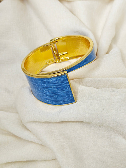 Blue Enamel Open Front Gold Cuff Bangle