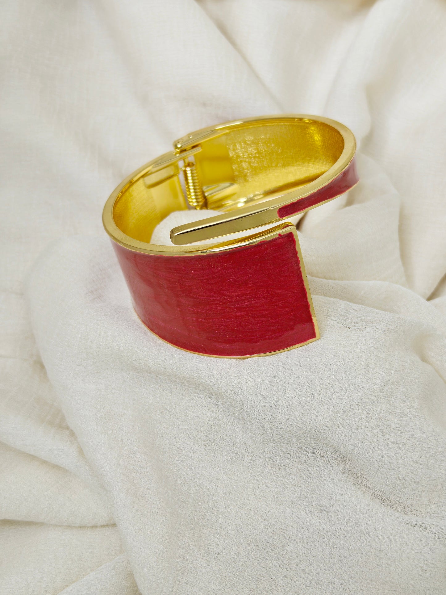 Red Enamel Open Front Gold Cuff Bangle