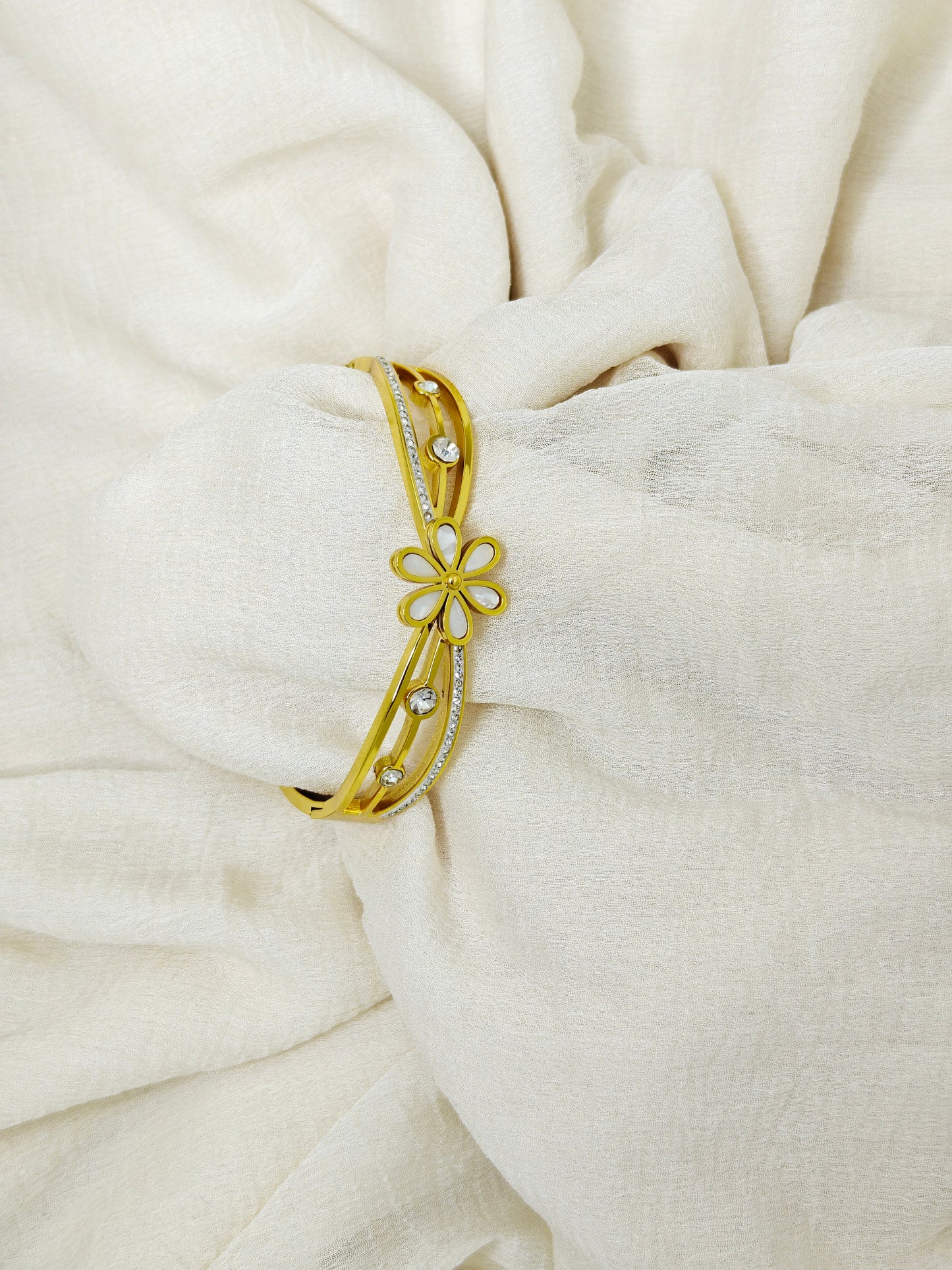 White Enamel Daisy Crystal Gold Bangle