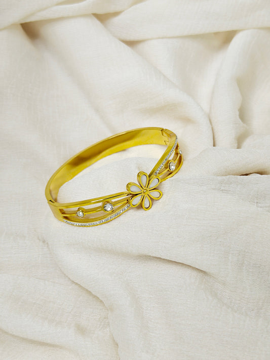 White Enamel Daisy Crystal Gold Bangle