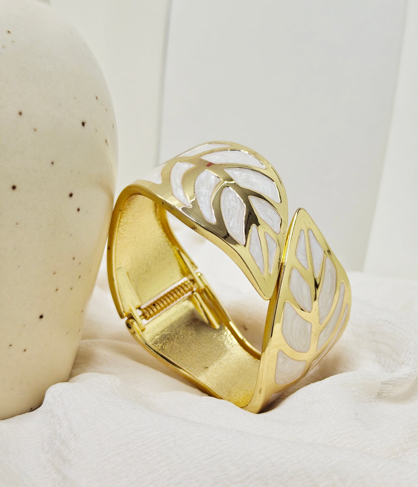 White Enamel Leaf Cutout Gold Bangle