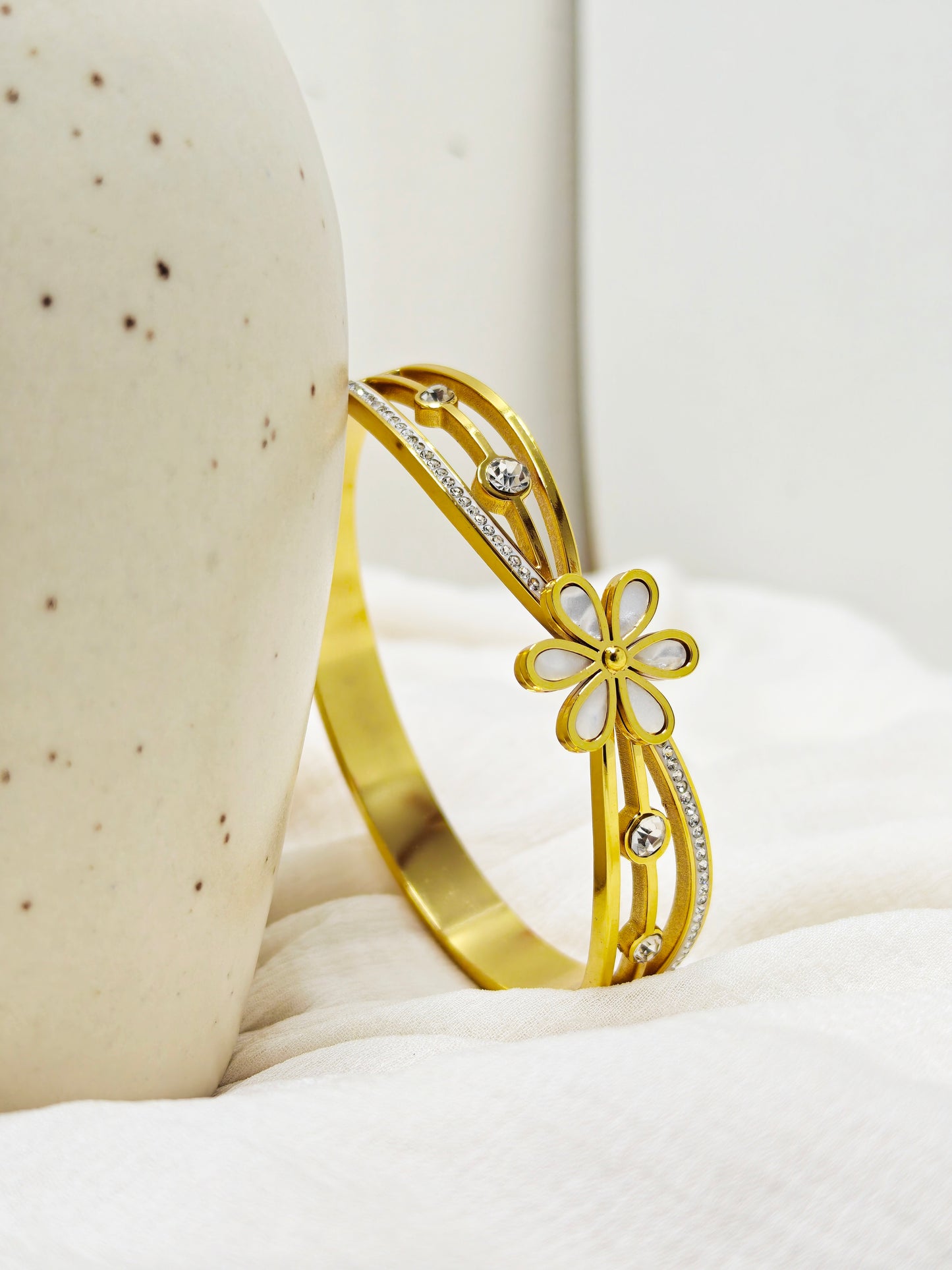 White Enamel Daisy Crystal Gold Bangle