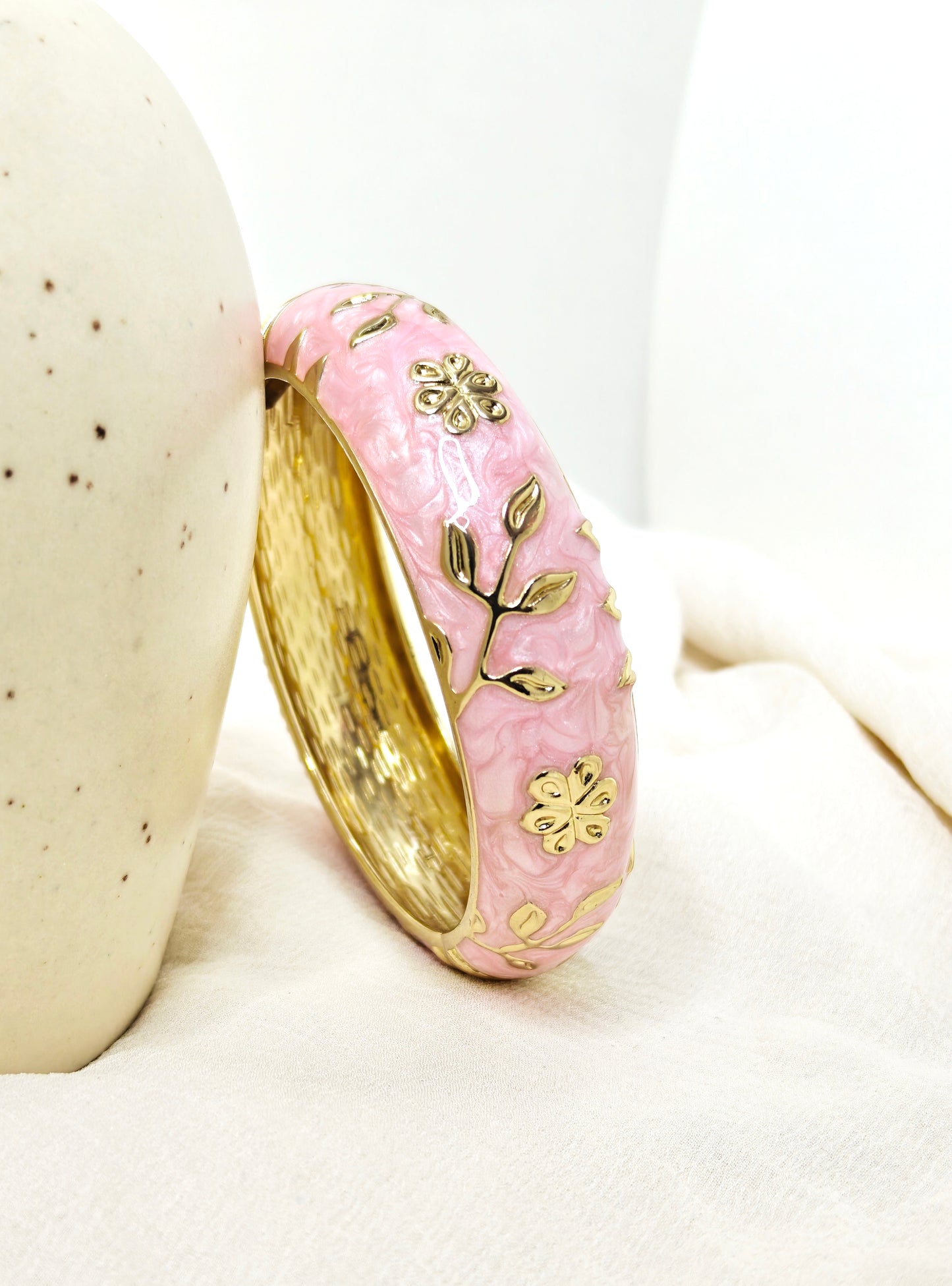 Pink Enamel Floral Gold Bangle