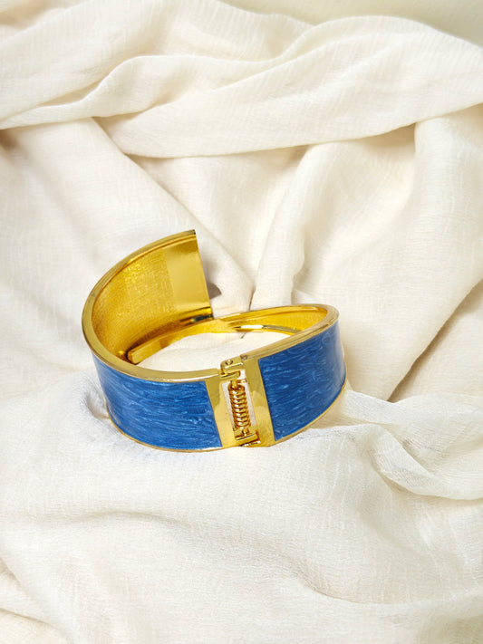 Blue Enamel Open Front Gold Cuff Bangle